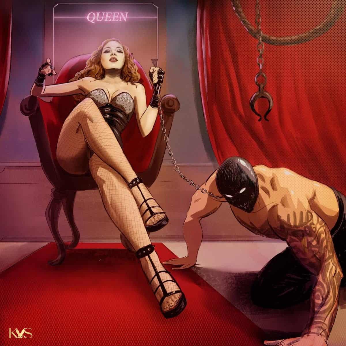 A femdom with her sub on a leash, both in leather gear