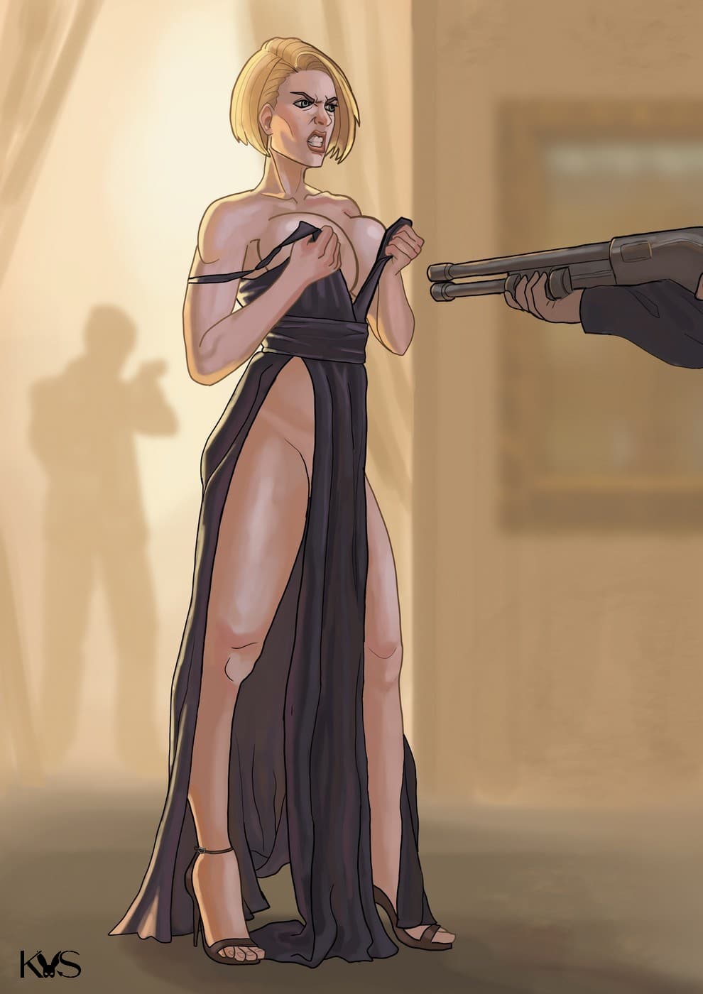 A woman in a power-play scene, suggesting gun kink dynamics